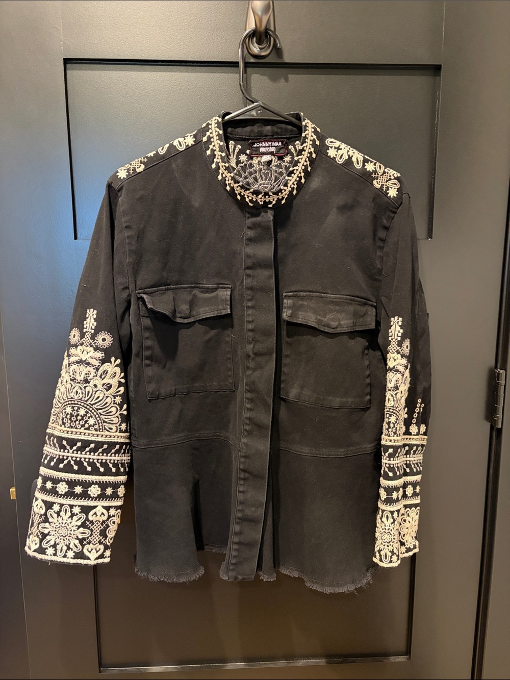 RARE Johnny Was Black Utility Jacket with Ivory Embroidery